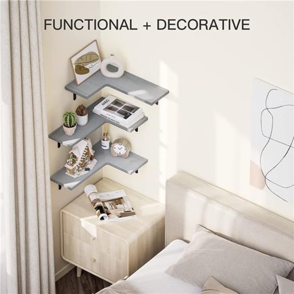 Corner Shelves Wall Mounted Set of 3, Rustic Paulownia Wood Wall Shelves - Picture 4 of 6